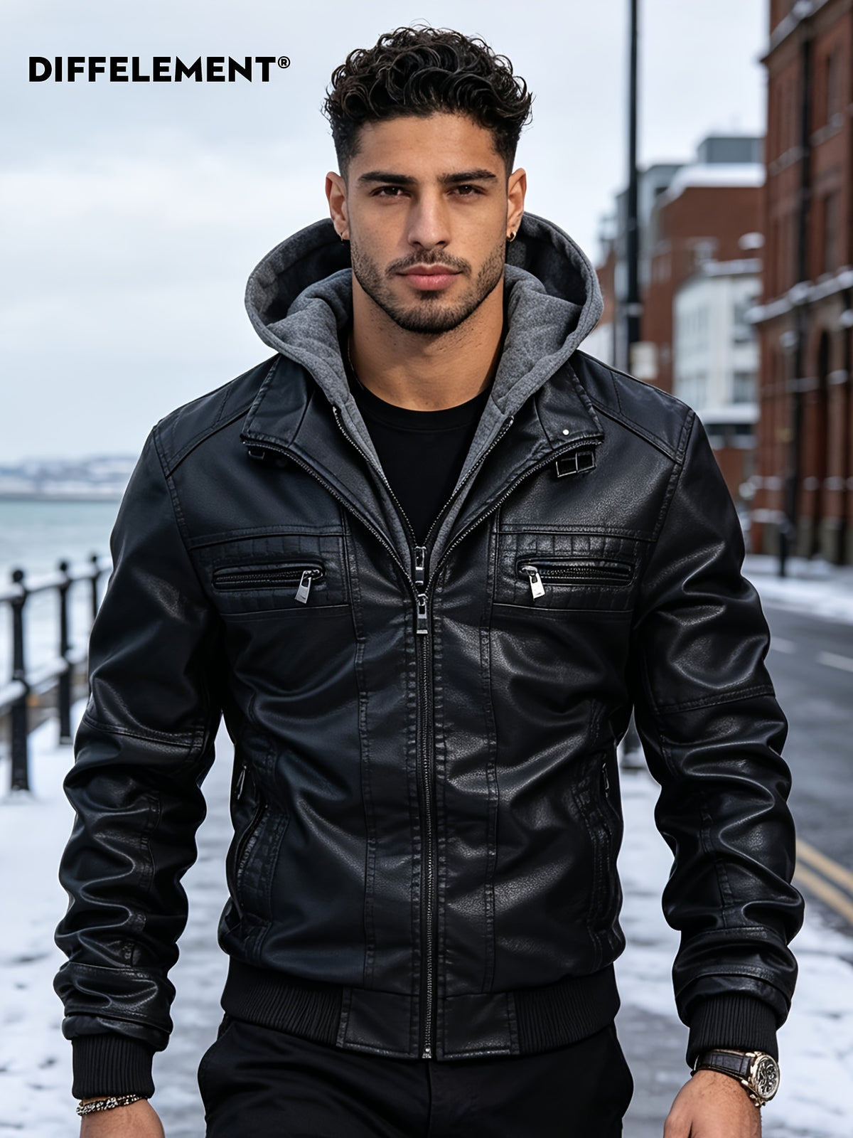 DIFFELEMENT Men's Detachable Hooded Motorcycle Jacket, Windproof and Warm for Winter, Soft and Smooth Fabric, Double-Layer Zipper Design, Multiple Zippered Pockets, Cuffed Sleeves, Regular Fit Motorcycle Outerwear. Suitable for Motorcycle Riding - Black