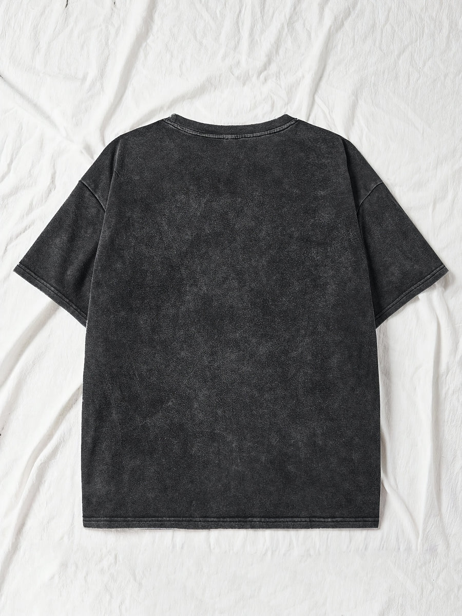 Plus Size - Plus Size - Casual Everyday Washed T-Shirt with a Dramatic Print, Featuring a Crew Neck And Short Sleeves, Designed for Plus Sizes - Black
