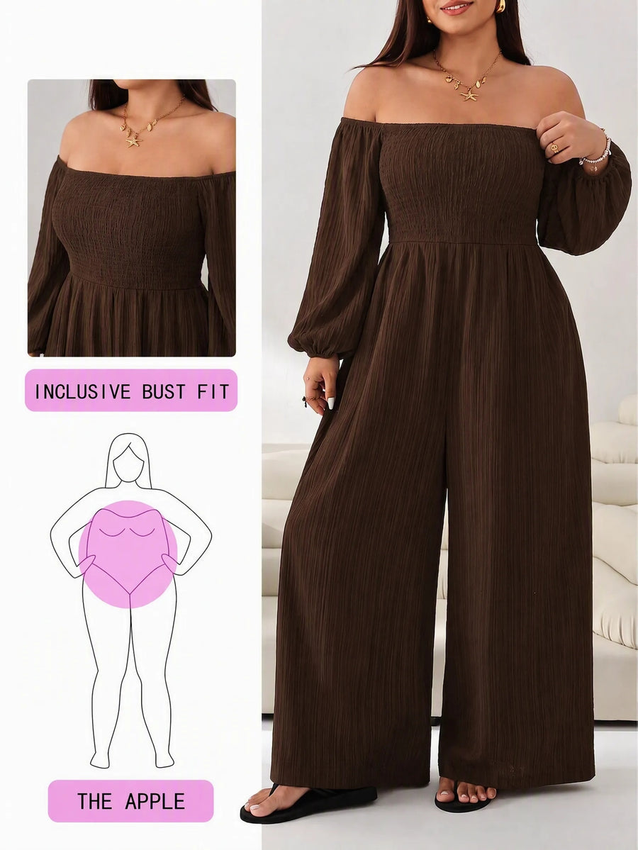 Plus Size Women'S Solid Long Sleeve Wide Leg Jumpsuit - Brown