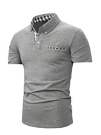 Summer New Fashion Trendy Men'S Plaid Patchwork Lapel Polo Shirt, Button-Decorated Pocket Slim Short Sleeve Top - Silvery Grey