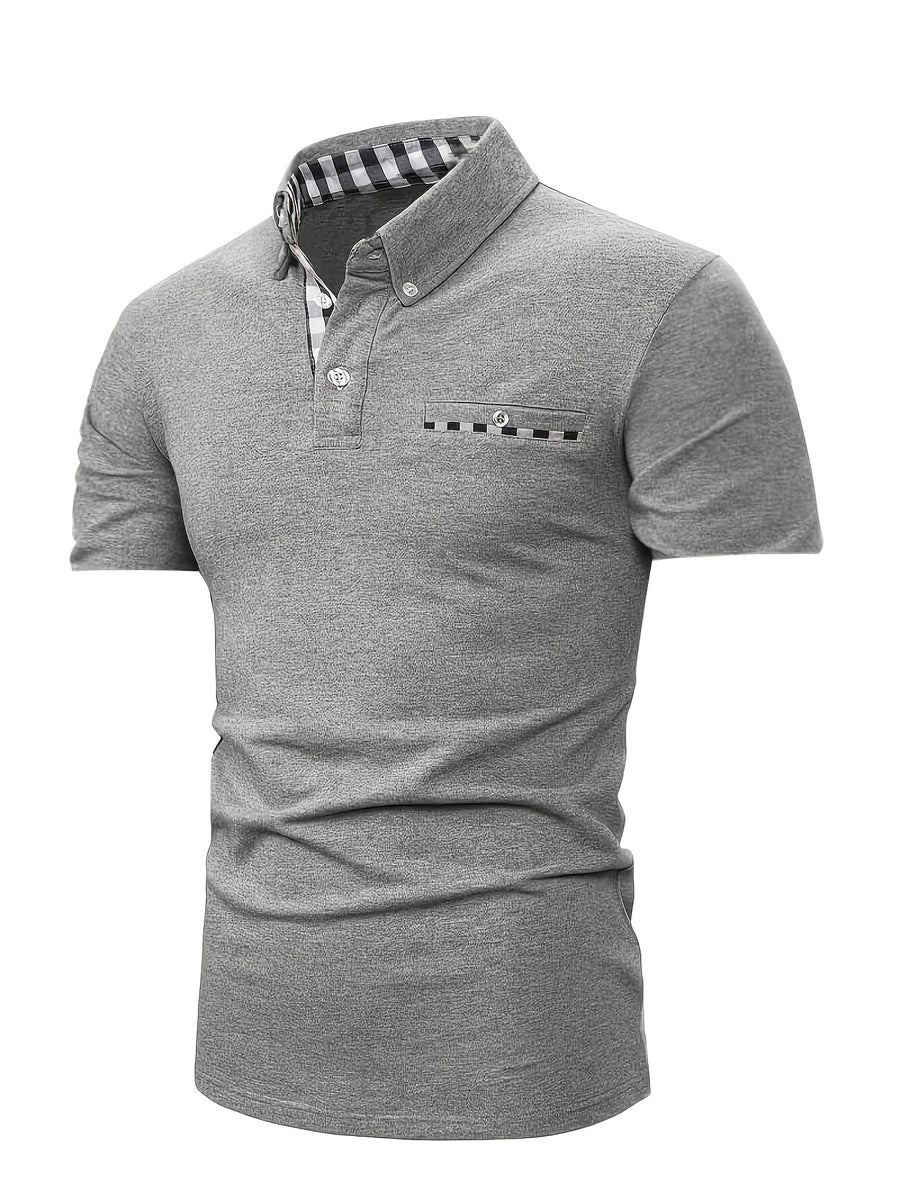 Summer New Fashion Trendy Men'S Plaid Patchwork Lapel Polo Shirt, Button-Decorated Pocket Slim Short Sleeve Top - Silvery Grey