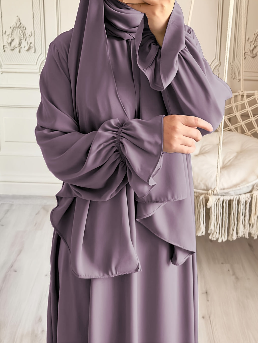 1pc Fashionable, Elegant and Casual One-piece Solid-colored Bellows Sleeve Suitable for Daily Wear. Loose and Comfortable Women's Abaya Robe.abayas for Women Muslim Kleider Damen Abaya for Women Stylish Khimar Ladies Abaya - Light Purple
