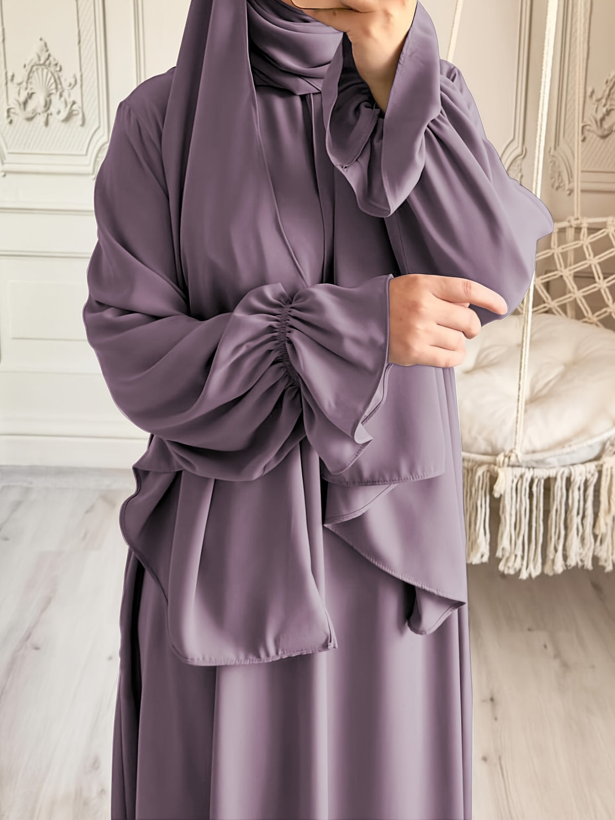 1pc Fashionable, Elegant and Casual One-piece Solid-colored Bellows Sleeve Suitable for Daily Wear. Loose and Comfortable Women's Abaya Robe.abayas for Women Muslim Kleider Damen Abaya for Women Stylish Khimar Ladies Abaya - Light Purple