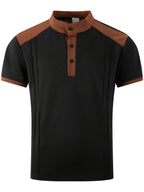 Men'S Short-Sleeve Plaid Knit Henley Shirt with Contrasting Brown Trim, Featuring a Stand Collar Design, Casual Button-Up Front, Breathable Vintage Street Style Clothing - Black