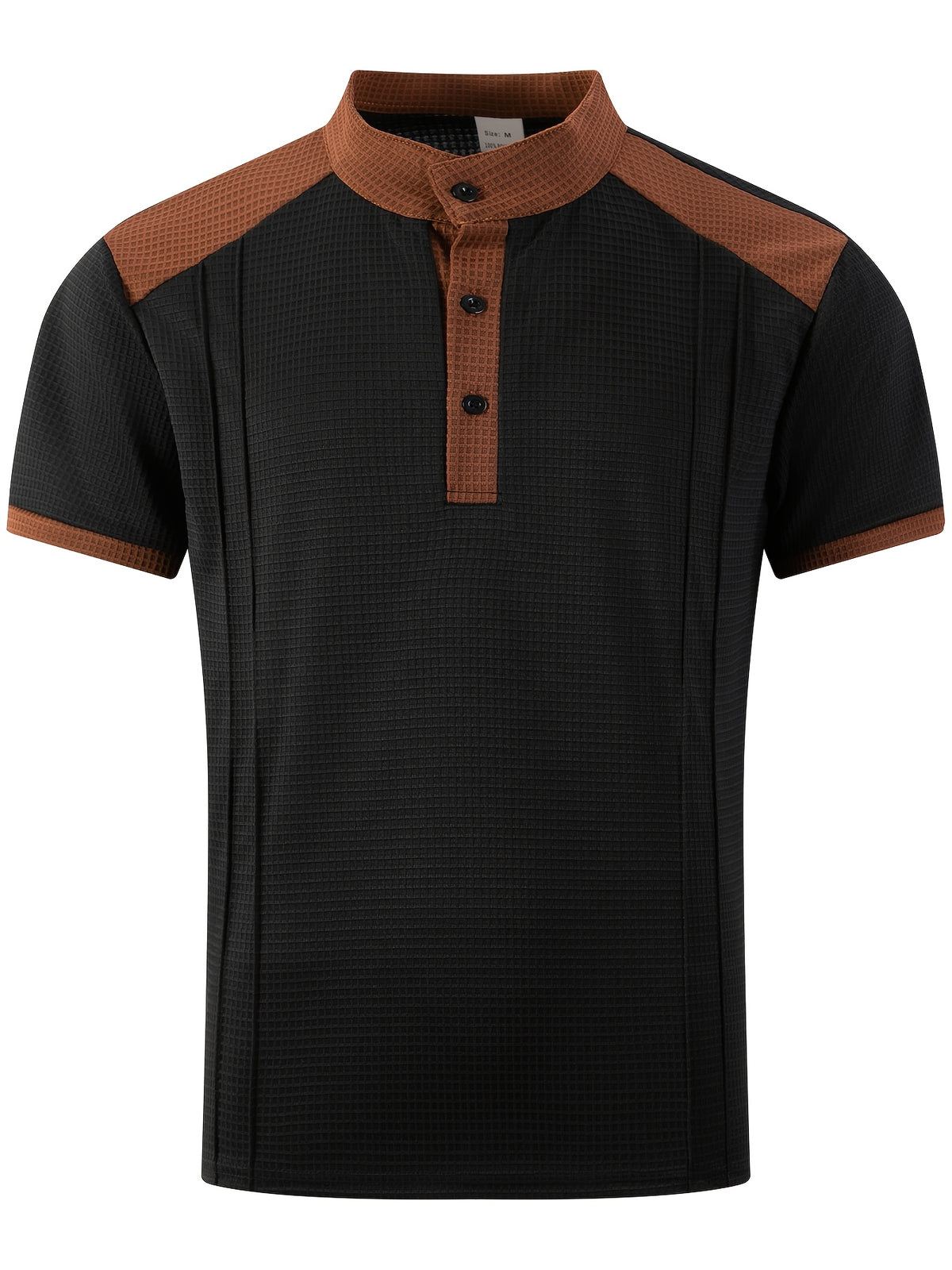 Men'S Short-Sleeve Plaid Knit Henley Shirt with Contrasting Brown Trim, Featuring a Stand Collar Design, Casual Button-Up Front, Breathable Vintage Street Style Clothing - Black