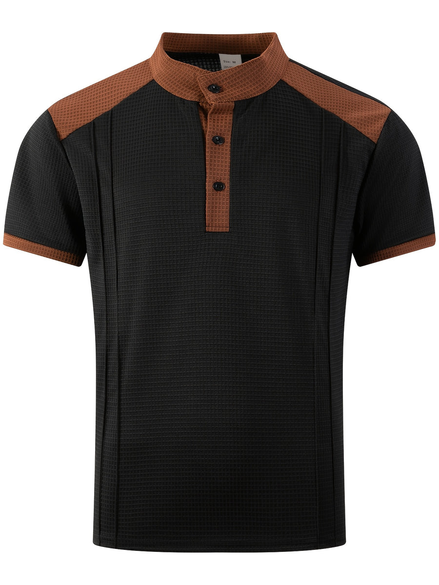 Men'S Short-Sleeve Plaid Knit Henley Shirt with Contrasting Brown Trim, Featuring a Stand Collar Design, Casual Button-Up Front, Breathable Vintage Street Style Clothing - Black