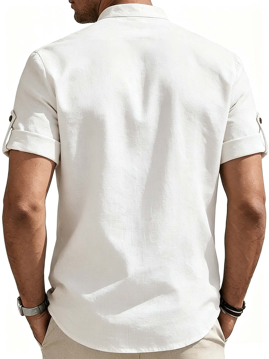 Men'S Short Sleeve Shirt, Stand Collar Half-Button Cuff with Roll-Up Sleeves, Business Casual Breathable Top - White