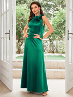 Vintage 1950S Sleeveless Satin Elegant Necktie Ball Gown, Host Dress - Green