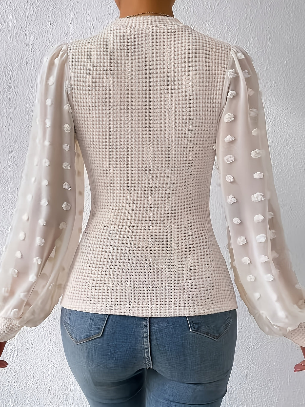Elegant Fitted Mesh Long-Sleeve Top - Off-white