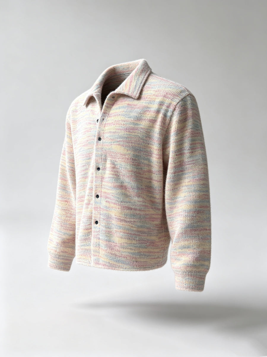 Men's Gradient Color Striped Knit Button Shirt Jacket, Lapel Collar Loose Casual Cardigan Long Sleeve Outerwear for Spring Autumn Daily Wear - Colorful