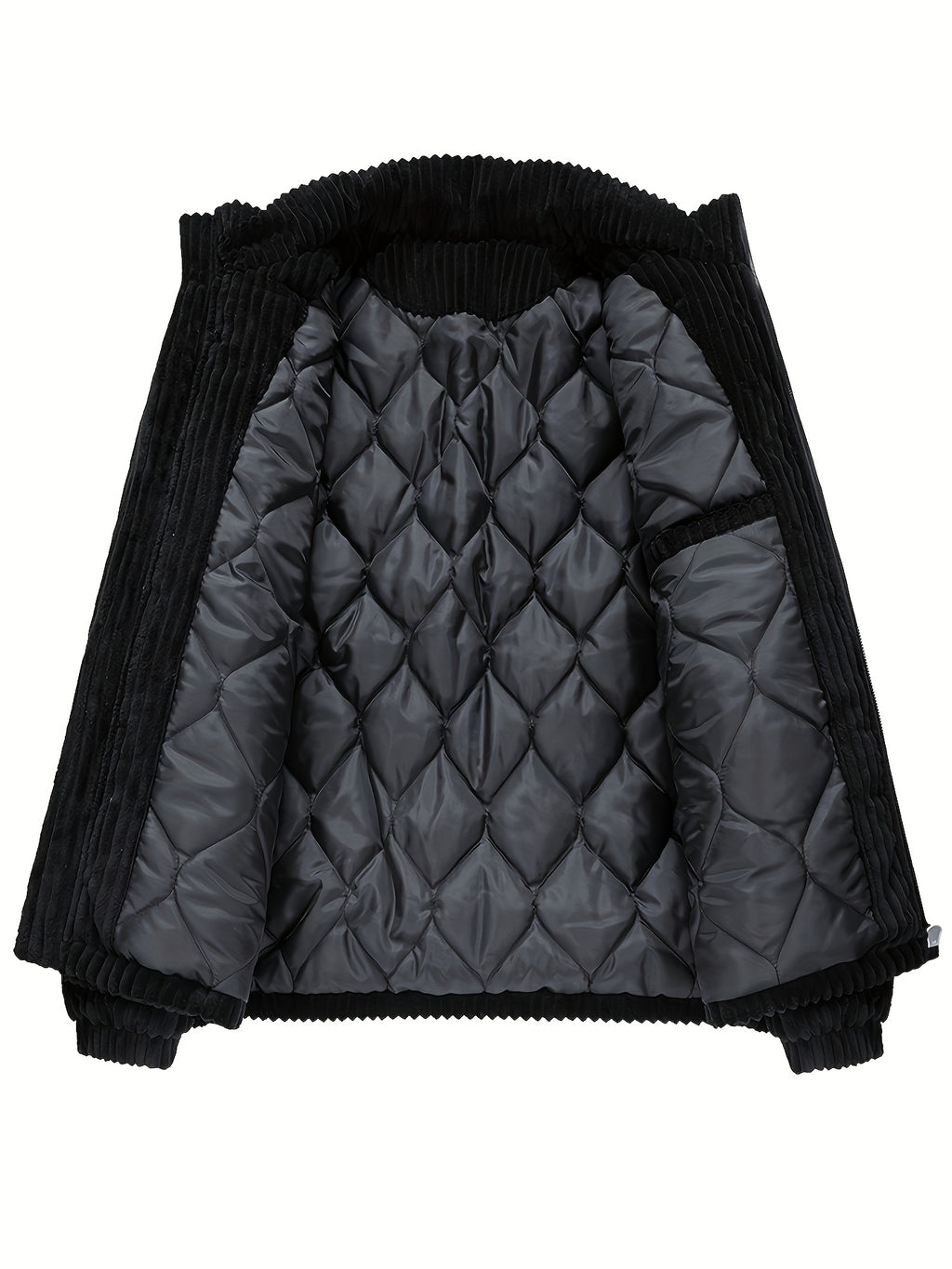 Men's Winter Corduroy Padded Coat with Thickened Lining, Faux, and Striped Design - Black