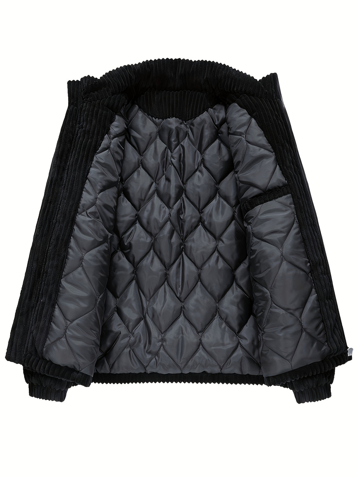 Men's Winter Corduroy Padded Coat with Thickened Lining, Faux, and Striped Design - Black