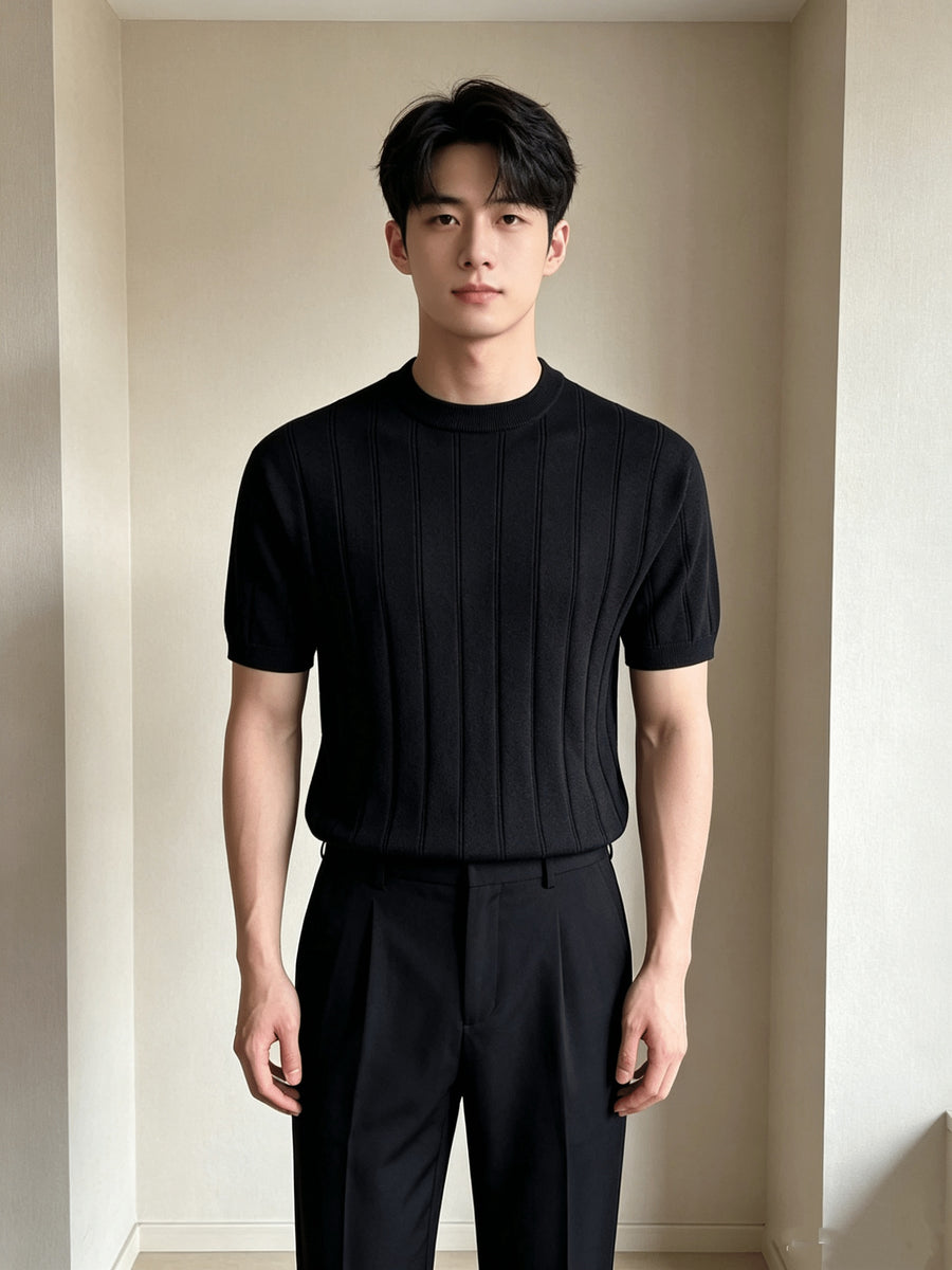 Old Money Style Knit Short Sleeve Men'S Summer Relaxed Round Neck Thick Rib Tencel Blend Half Sleeve Top - Black