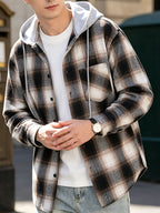 Men'S Hooded Plaid Shirt Jacket, Classic Color-Block Checkered Design, Layered And Practical, Loose Drop Shoulder Fit, Easy And Elegant Chest Pocket Detail, Suitable for Spring/Autumn Daily Commute, Casual Outings, And Dates - Khaki plaid pattern