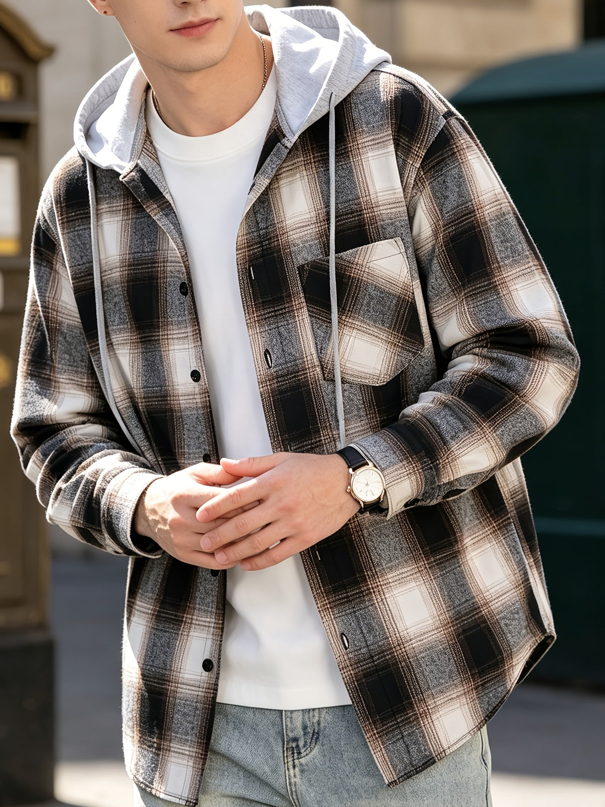 Men'S Hooded Plaid Shirt Jacket, Classic Color-Block Checkered Design, Layered And Practical, Loose Drop Shoulder Fit, Easy And Elegant Chest Pocket Detail, Suitable for Spring/Autumn Daily Commute, Casual Outings, And Dates - Khaki plaid pattern