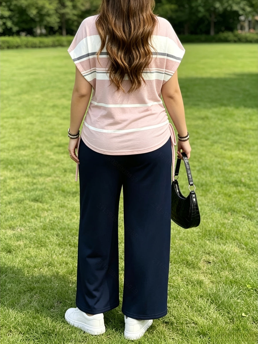 Ladies Two-Piece Set - Casual Minimalist Vacation Style Two-Piece Set - Red And Blue Stripe Design, Suitable for Summer And Autumn Transition Wear, Bow Side Drawstring - Mixed Color 8