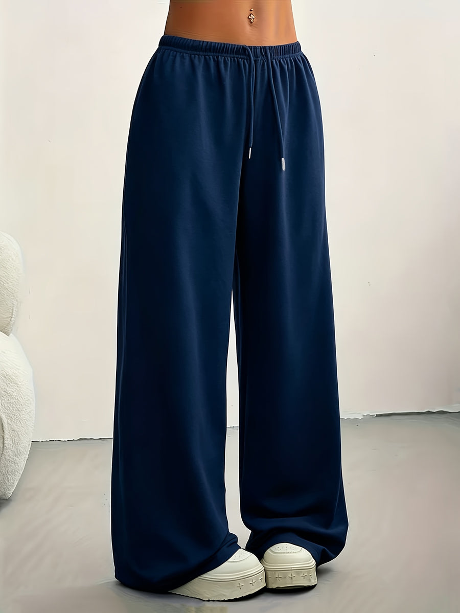 Lazy Style Solid Wide-Leg Pants Women'S High-Waist Drapey Floor-Length Trousers Versatile Casual Sweatpants - Navy Color