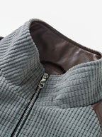DIFFELEMENT Men's Casual Stand Collar Corduroy Jacket, Soft Waffle Fabric, Color Block Patchwork Design, Stand-Up Full Zipper Jacket, Wrinkle-Resistant with Ribbed Cuffs, Windproof, Lightweight and Warm Outerwear, Regular Fit, Suitable for Daily - Grey