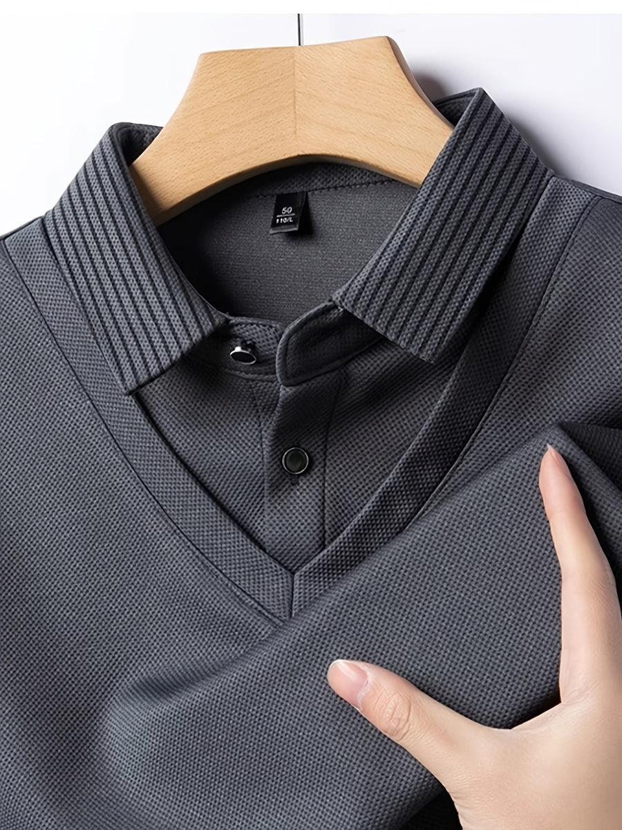 Men's New All-Season Knitwear Classic Lapel Long Sleeve 2-in-1 Look Polo Shirt, Featuring a Stylish and Minimalist Geometric Print Stripe Design, with a Color-blocked Collar and Layered Shirt Style. Made from Lightweight, Breathable - PS Gray