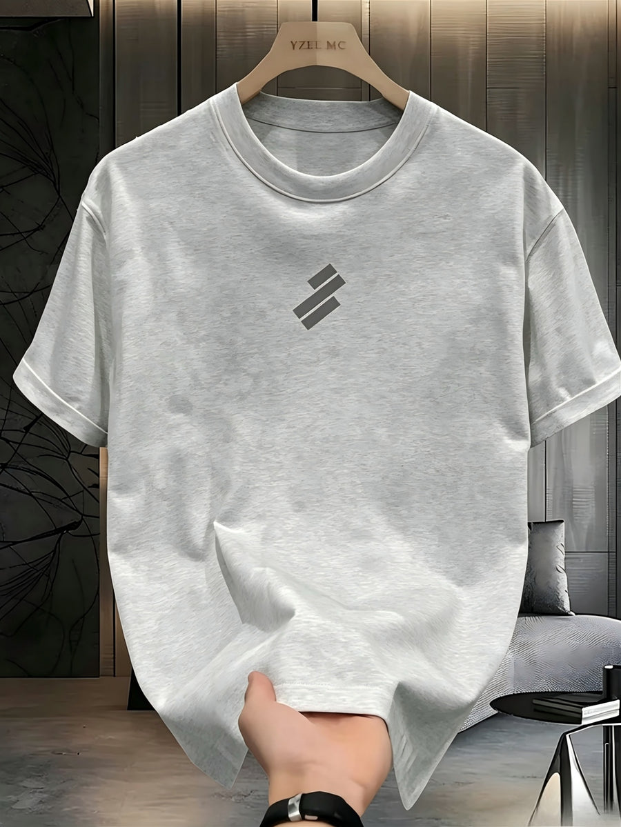 Minimalist Geometric Print Pure Cotton T-shirt, with a Delicate and Skin-friendly Feel, Featuring a Trendy Streetwear Style and Premium Texture. High-quality Unisex Short-sleeve Tee, Versatile for Daily Commutes and Casual Wear - Light Grey