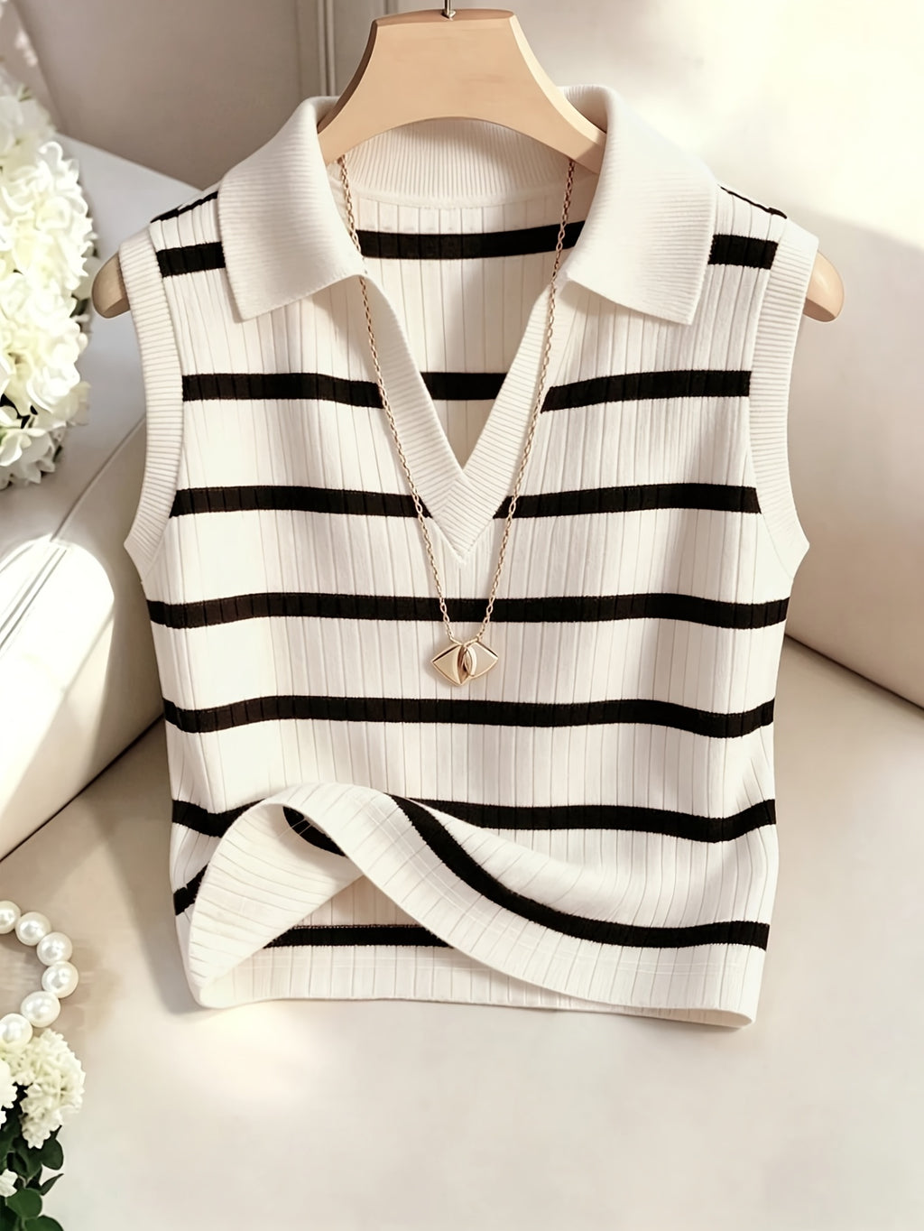 Women'S Casual Striped V-Neck Vest - Black And White Color