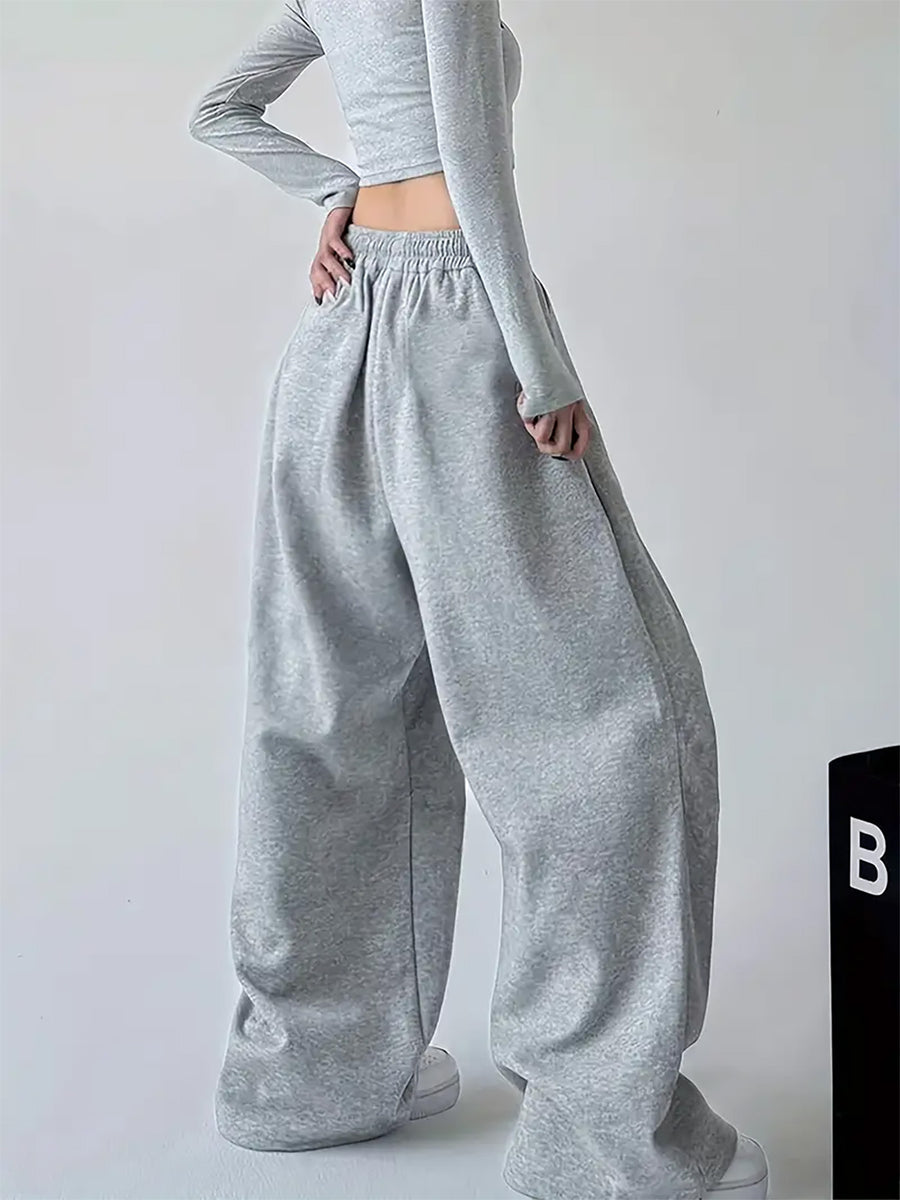 Women'S High-Waist Elastic Cinchable Retro Straight-Leg Pants, Loose Cut, Suitable for Street Casual, Daily Exercise, Fitness Training, And Athletic Wear - Light Grey