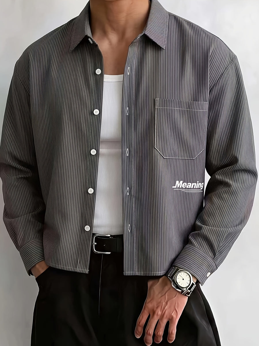 Men's Striped Long-Sleeve Shirt with Letter Iron-On Print, Trendy and Fashionable, Light Business Casual, Simple Four-Season Style, Short and Long-Sleeve Shirt - Black