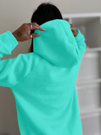 Autumn And Winter Women'S Fashion Casual Solid Color Side Slit Hooded Sweatshirt, Raglan Long-Sleeved Hoodie with Pockets, Fleece-Lined Warm I Fashion Versatile, Suitable for Daily Casual Wear - Cyan