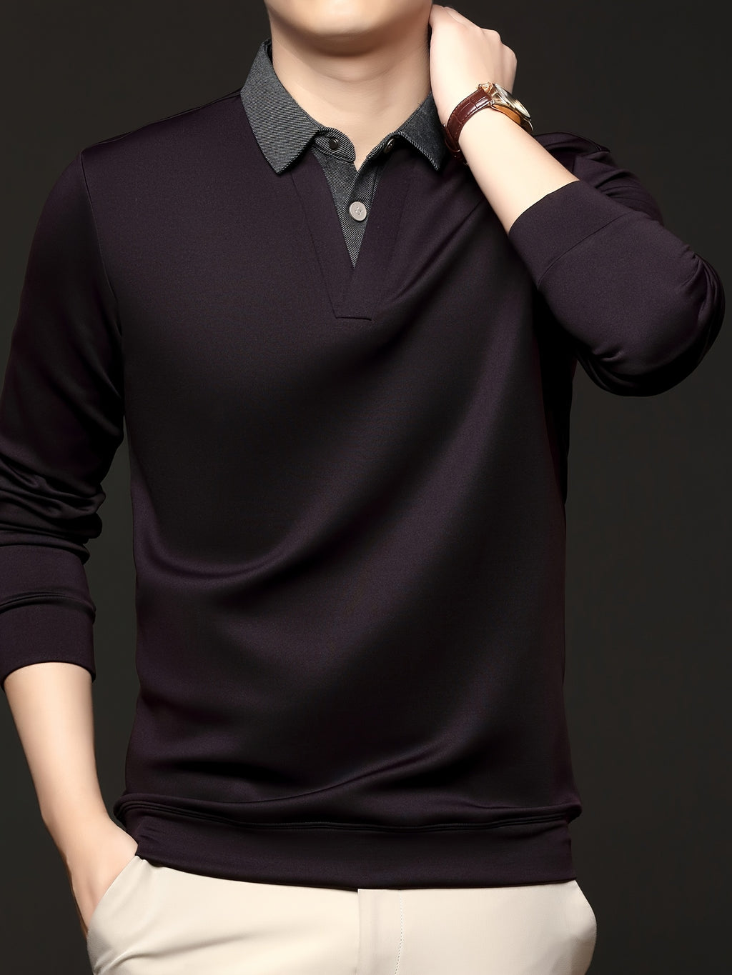 Men's Autumn/Winter 2-in-1 Look Polo Sweatshirt, Pullover Top, Business Casual, Daily Outings, Versatile and Durable, Warm and Comfortable, Ideal Gift Choice - Dark Purple
