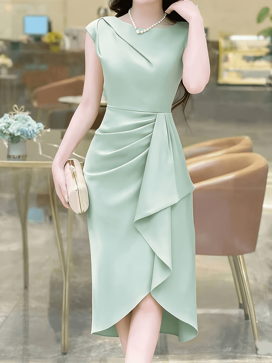 Spring-Summer Pleated Asymmetrical Elegant Design Women's Dress Gown - Mint Green