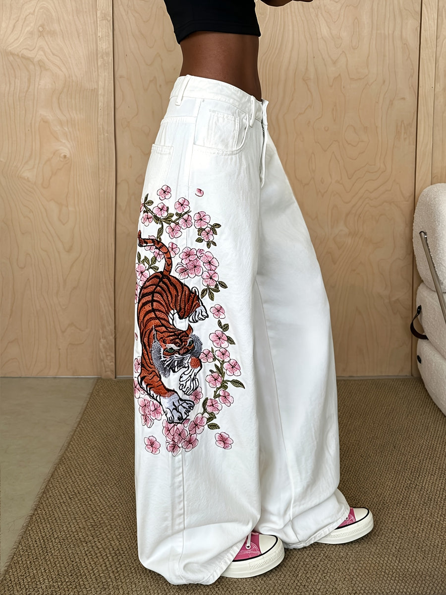 1pc High-waisted Heavy Embroidered Tiger and Floral Loose-fit Women's Denim Pants, Street-style Trendy and Versatile High-waisted White Wide-leg Pants, Belt/accessories Not Included - White
