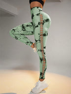 Women's High-Waist Seamless Hollow-Out Fashionable High-Stretch Yoga Pants for Fitness and Outdoor Sports - Mint Green