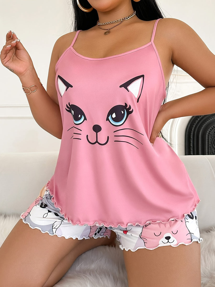 Cute Women'S Cat Print Tank Top and Shorts | Comfortable Soft Cartoon Print Pajama Set for Spring/Summer - Mixed colors