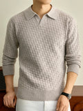 Autumn Winter Knit 3D Solid Color Lapel Polo Sweater, Basic Knit Pullover Top for Men, Fashionable Long Sleeve Sweater, Size S - Green Rice