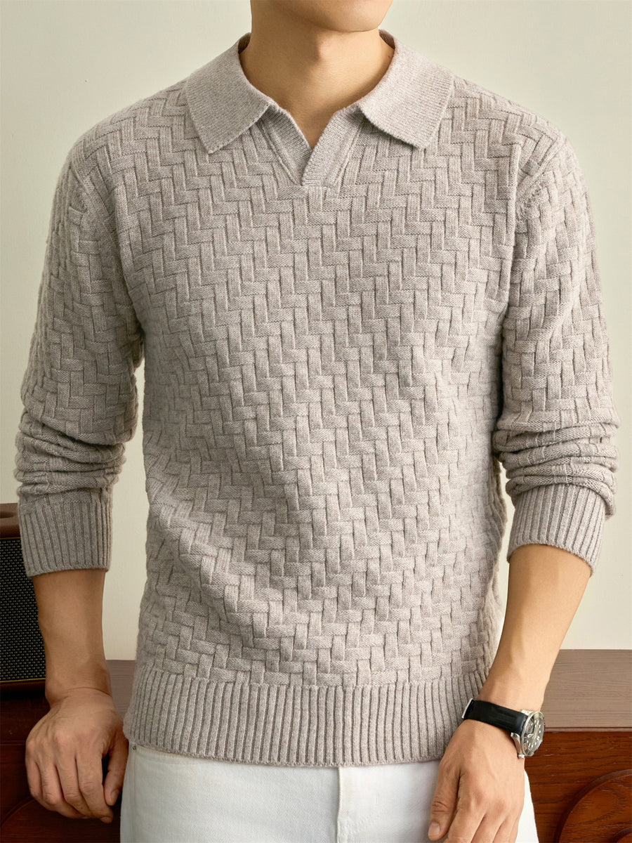 Autumn Winter Knit 3D Solid Color Lapel Polo Sweater, Basic Knit Pullover Top for Men, Fashionable Long Sleeve Sweater, Size S - Green Rice