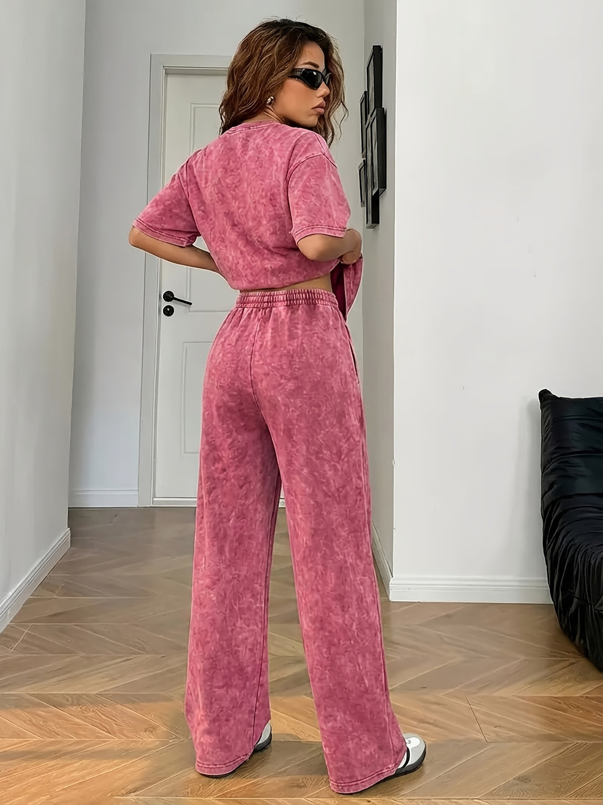 Y2K Retro Street Subculture Women'S Summer Casual Fried Snowflake Short-Sleeved And Pants Set, Can Be Worn at Home Or Outside - Red