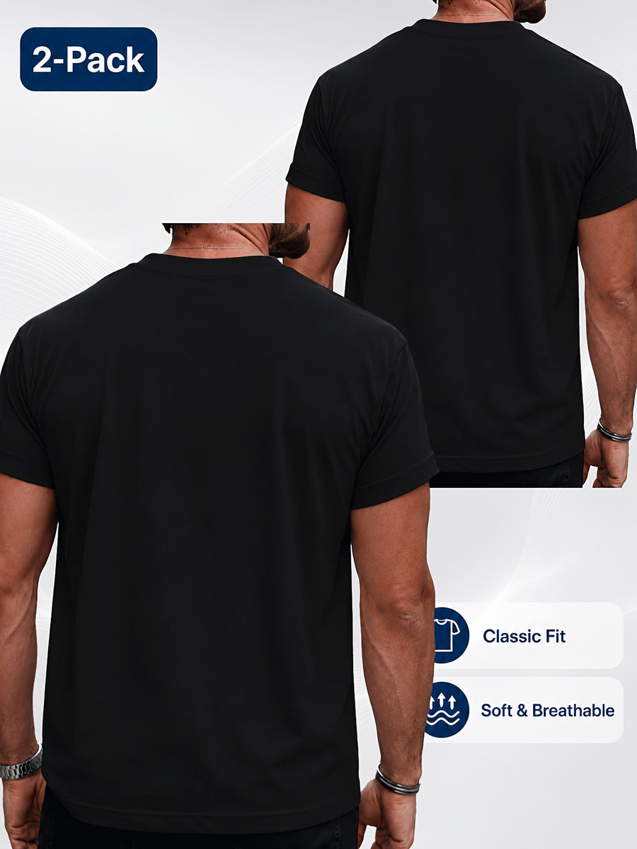 2pcs Men'S Round Neck Short Sleeve Top Set, Round Neck Solid Color Casual Versatile Style, Skin-Friendly Blend Fabric, Suitable for Casual Commuting And Home Wear - Black+black