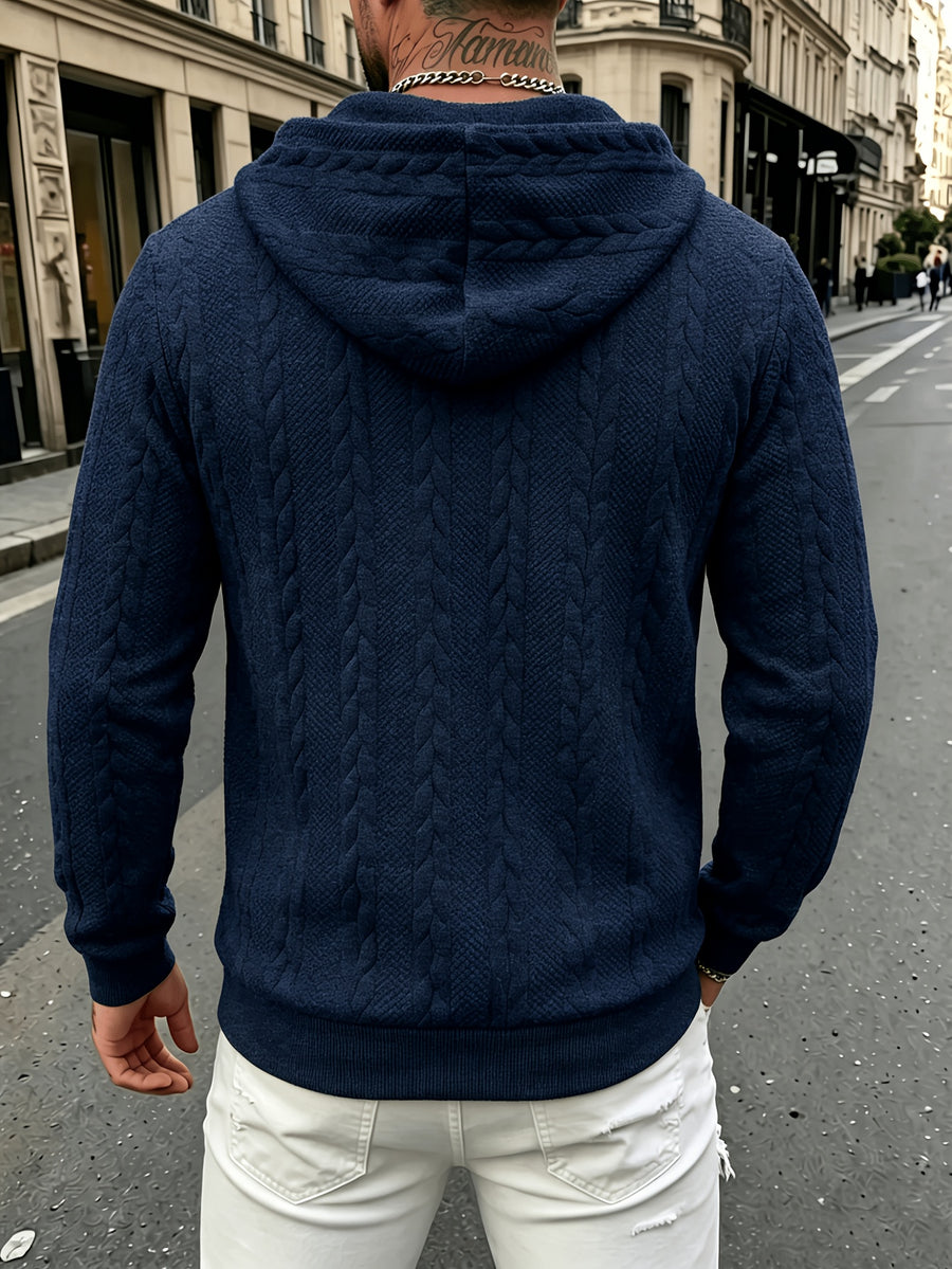 Autumn Winter Men'S Thick Jacquard Long Sleeve Cardigan Hoodie, Comfortable Warm Fabric with Trendy Print, Suitable for Daily Outings, Outdoor Sports, Travel, And Vacation, Lightweight Comfortable Regular Fit, Ideal for Beach, Hiking, Evening Wear - Navy Color