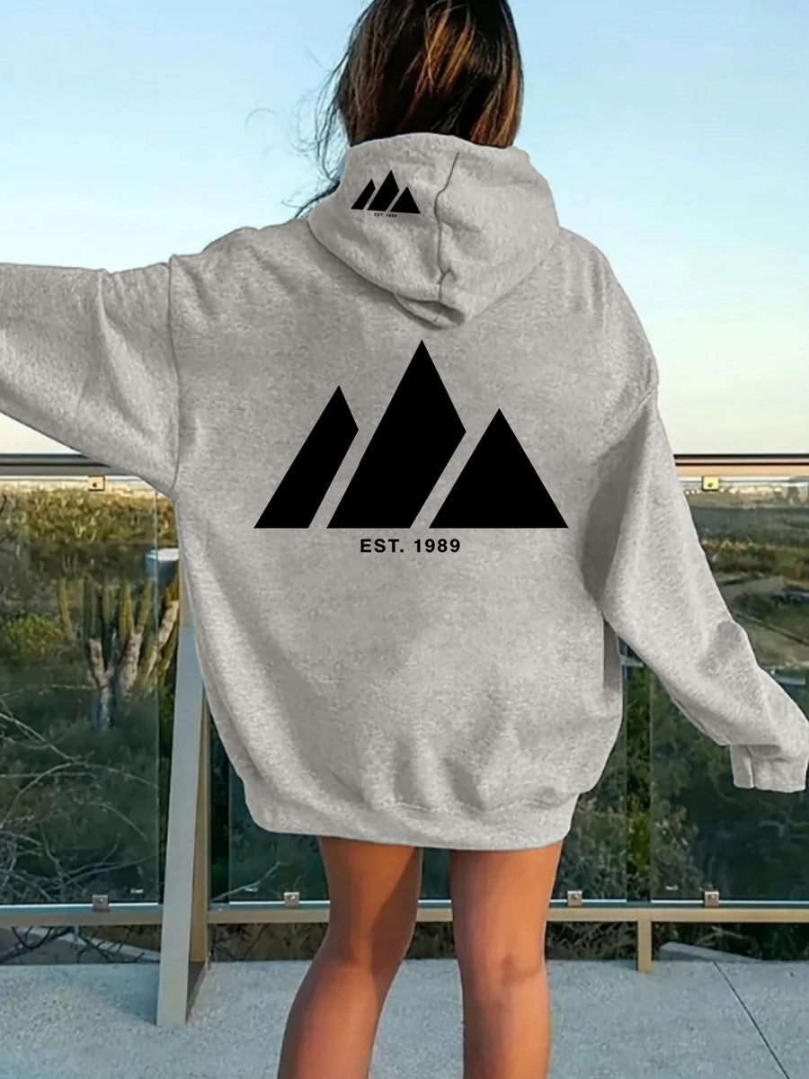 Women'S Geometric Triangle Print Zip-Up Hoodie with Pockets, Casual Soft Printed Sweatshirt for Autumn Winter - Light Grey