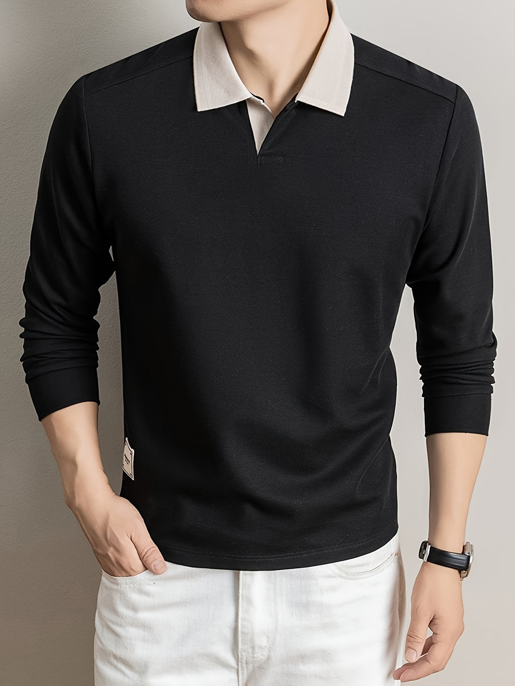 Men's Long-Sleeve T-Shirt, Color-Block Lapel Casual Tee, New Versatile Top for Spring and Autumn - Black