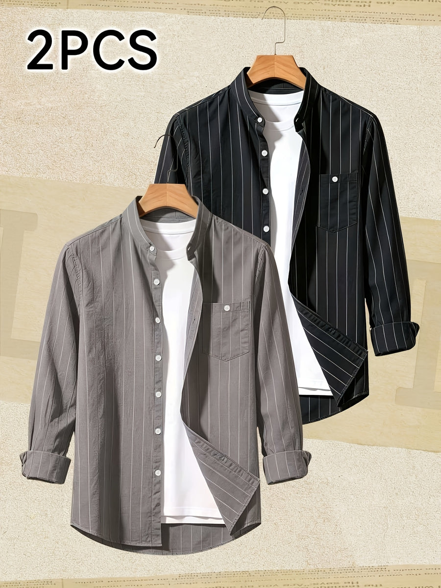 2pcs Set Stand Collar Striped Shirt; Spring/Autumn Loose Fit Casual Business Simple Versatile Top; Daily Commute Breathable 2pcs Men's Outfit - Gray+black