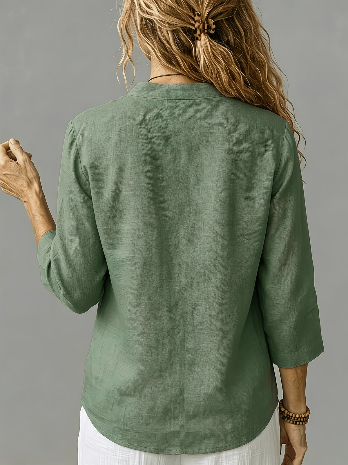 Women'S Spring Summer Casual Loose V-Neck Button-Up Shirt - fern green