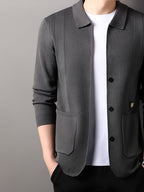Men's Lapel Vertical Stripe Knit Cardigan Jacket, featuring a light business style with a mature and steady vibe, yet incorporating a sense of casualness. Flattering on all body types, suitable for men - SINBOS - Gray Green