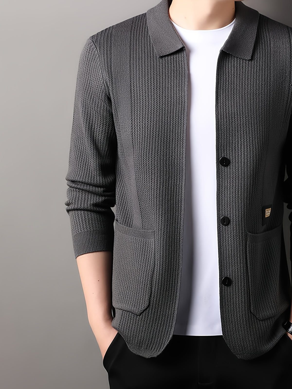 Men's Lapel Vertical Stripe Knit Cardigan Jacket, featuring a light business style with a mature and steady vibe, yet incorporating a sense of casualness. Flattering on all body types, suitable for men - SINBOS - Gray Green