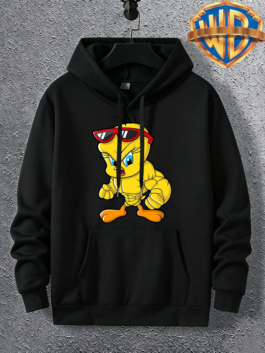 Warner Licensed Men'S Autumn Long Sleeve Hooded Sweatshirt, Durable Ribbed Cuffs, Breathable Polyester Fabric, Funny Muscle Bird Creative Cartoon Print, Suitable for Campus Youth Daily Wear, Class And Social Outings, Loose Drop Shoulder Cut - Black