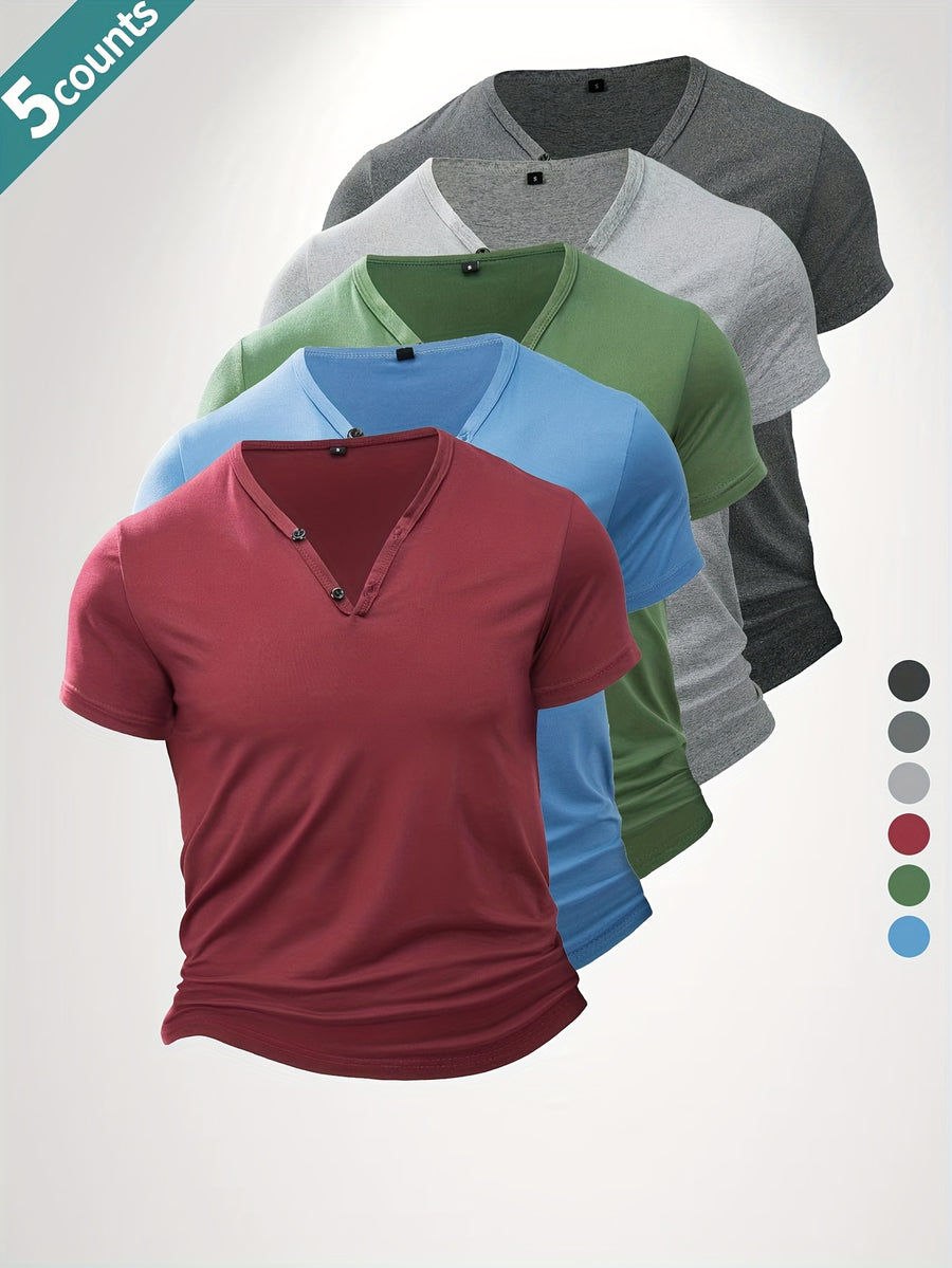 5-Pc Men'S Casual Lightweight Solid Color Moisture-Wicking Breathable Henley Shirts, Casual V-Neck Short Sleeve, Soft Comfort Breathable Quick-Dry Slight Stretch Outdoor Henley Tops, Sweat-Resistant - Green, red, blue, black, gray, light gray