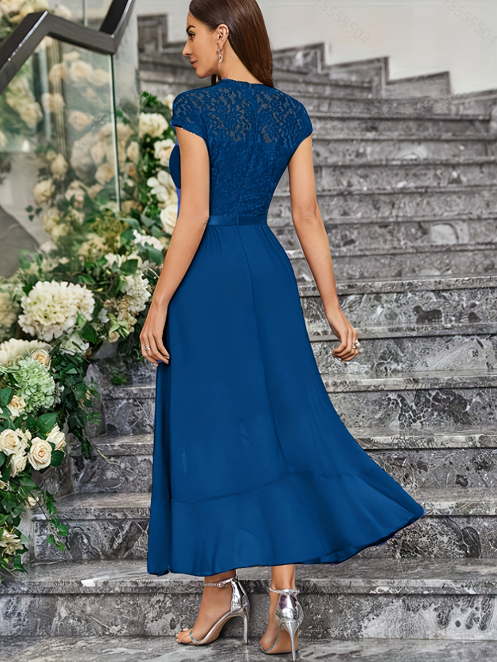 Global Latest Style French Christmas Exclusive Women'S Wear Elegant Dress Slim Lace Hollow Out Patchwork Solid Color No Print Wedding Guest Outfit Short Sleeve Round Neck Dress - Royal Blue