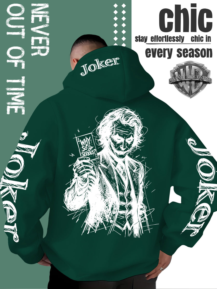 WB Warner Bros. Official Licensed Men's Joker Hooded Sweatshirt - Iconic Joker Portrait Print Hoodie, Soft Pilling-Resistant Fabric, Loose Fit Streetwear Pullover Suitable for Autumn/Winter, Machine Washable for Home, Outings & Joker-Themed Apparel - Green
