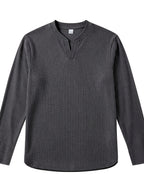 Men's Vertical Pin-Stripe V-Neck Henley Long-Sleeve T-Shirt, Slim Fit Stretch Textured Top, Spring/Autumn Casual Base Layer Men's Apparel - Grey