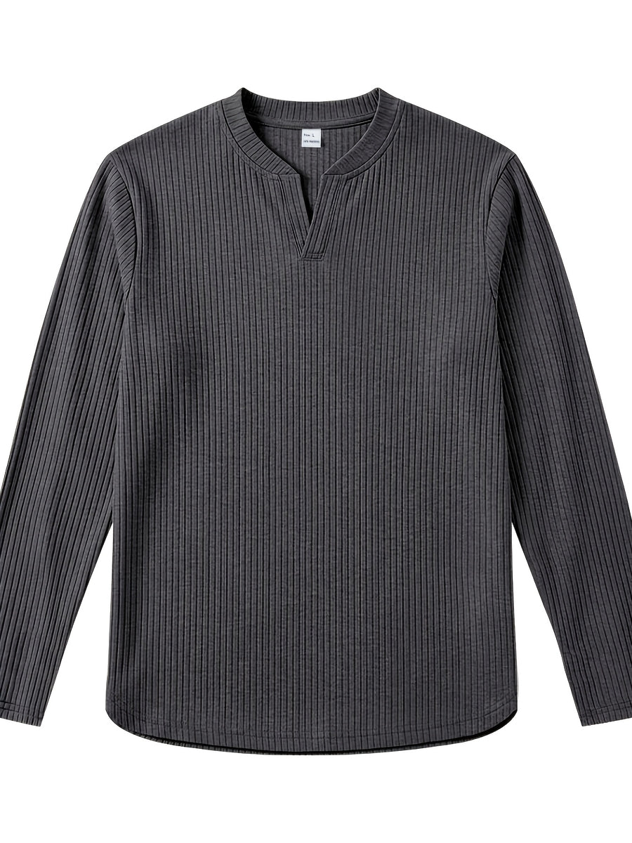 Men's Vertical Pin-Stripe V-Neck Henley Long-Sleeve T-Shirt, Slim Fit Stretch Textured Top, Spring/Autumn Casual Base Layer Men's Apparel - Grey